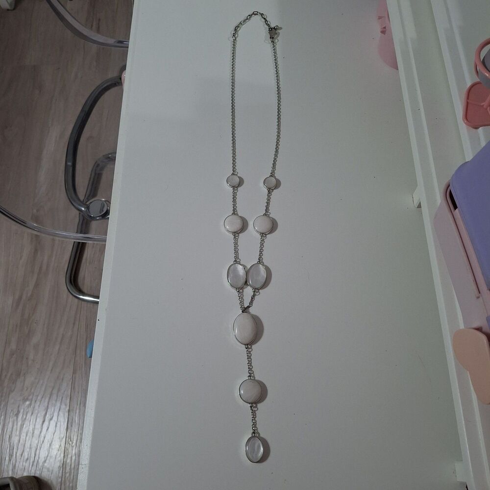 Chicos Silver Tone Chain Y Drop Lariat Milky White Round Oval Necklace